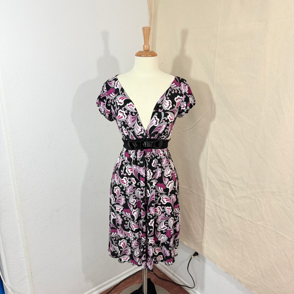 Miss Bisou Pink Purple Paisley Empire Waist V-Neck Dress Small RN58539